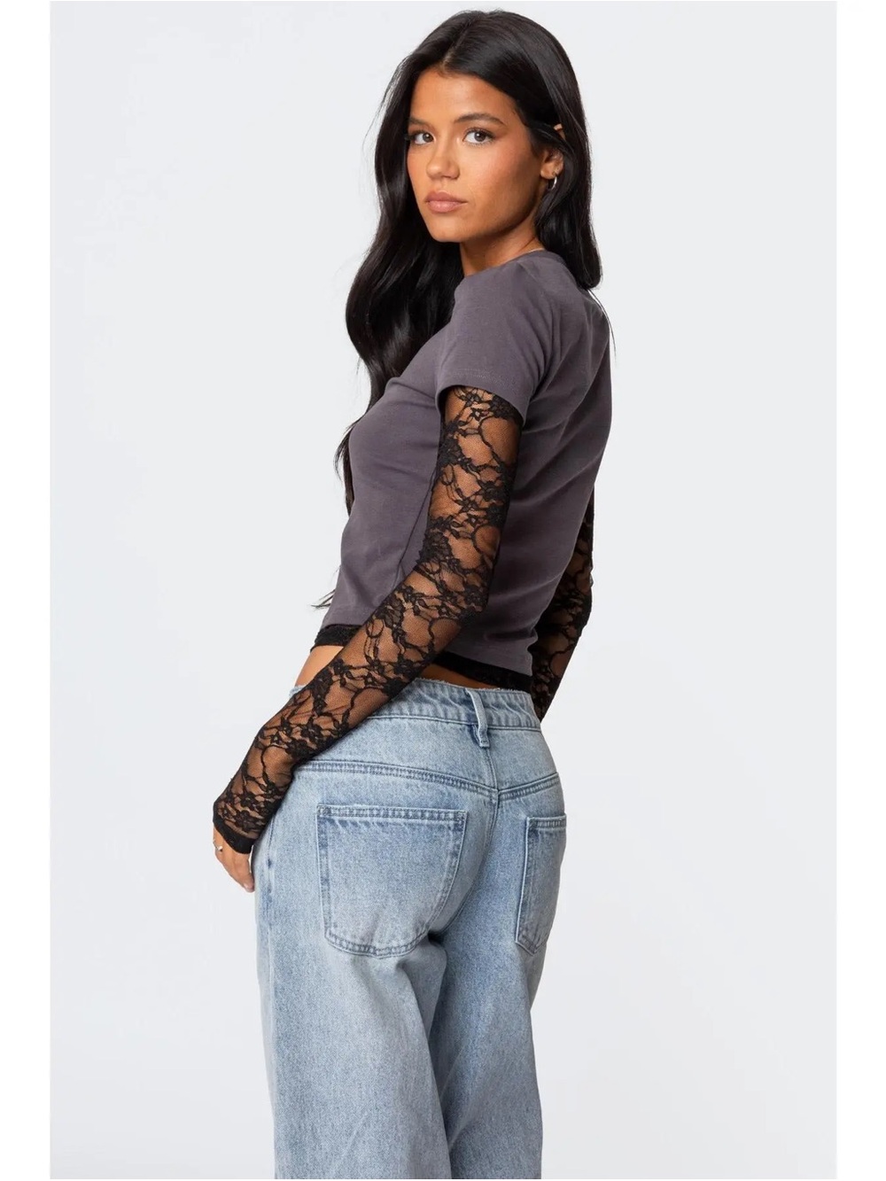 EDIKTED Layered Lace Long Sleeve T-Shirt Black Lace Gray Top Sz S - Picture 3 of 11
